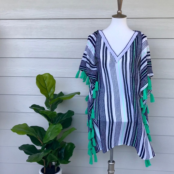 NWT Navy + Green Tassel Caftan CoverUp Beach Dress - Picture 1 of 8
